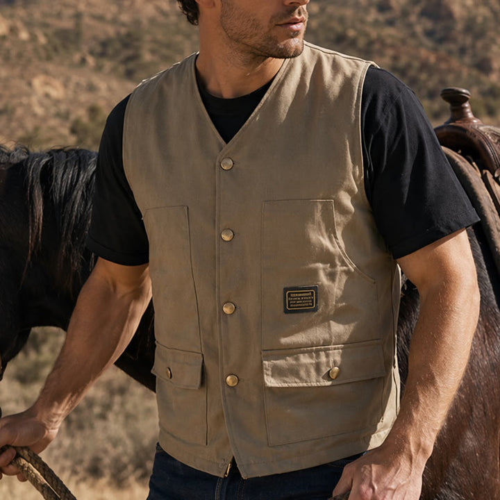 Multi-pocket Tactical Style Canvas Workwear Vest - Khaki - 3XL - image 4