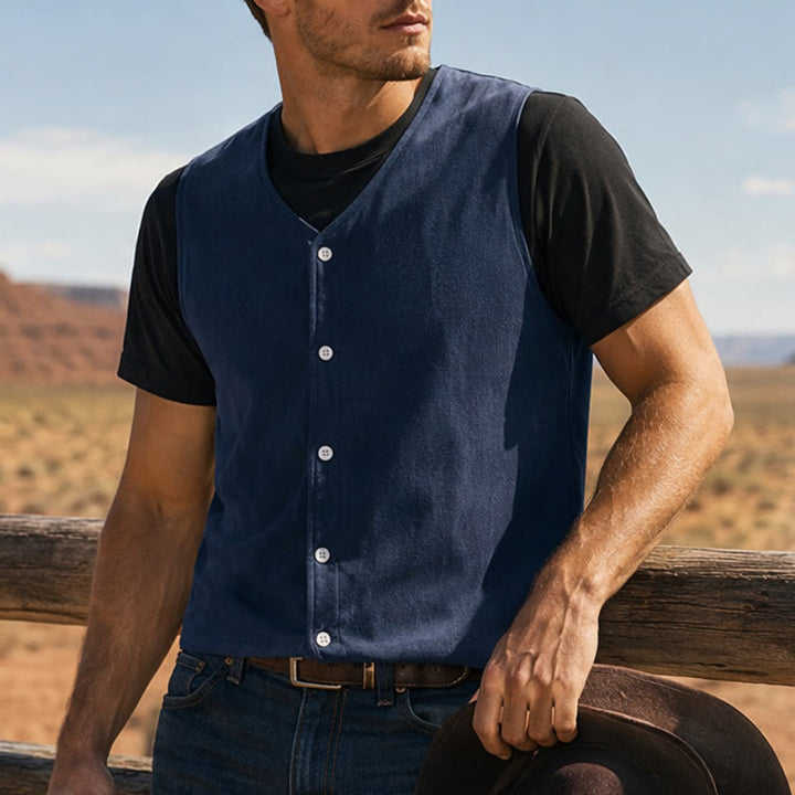 Men's Simple Solid Color Cotton Linen Summer Vest - Navy - 3XL - image 4