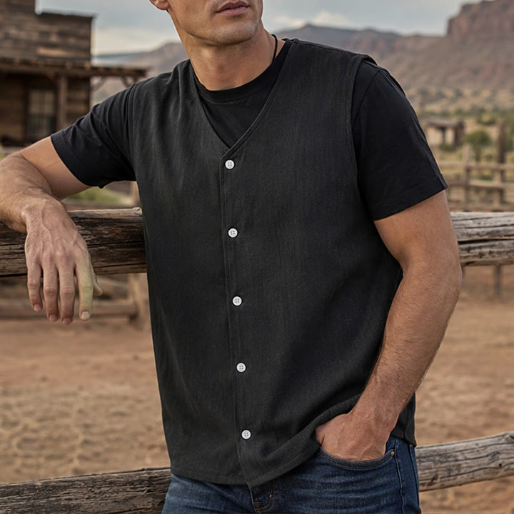 Men's Simple Solid Color Cotton Linen Summer Vest - Black - 3XL - image 6