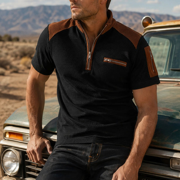 Men's Waffle Texture Zipper Detailed Polo Shirt - Black - 3XL - image 5