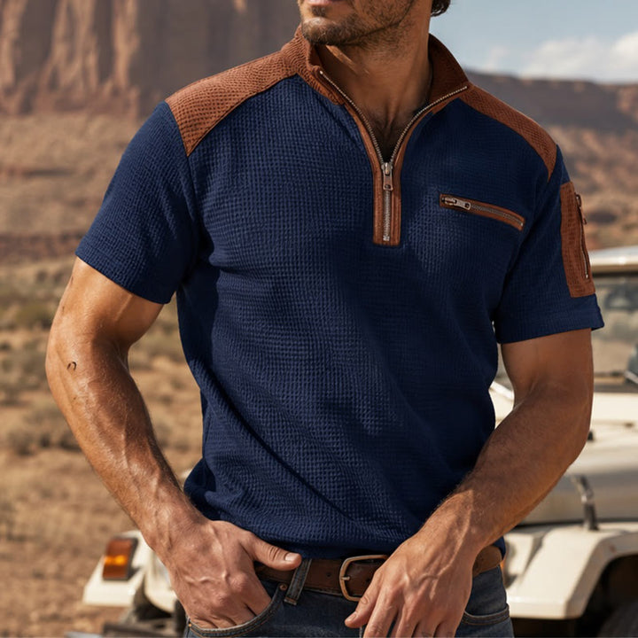 Men's Waffle Texture Zipper Detailed Polo Shirt - Navy - 3XL - image 0