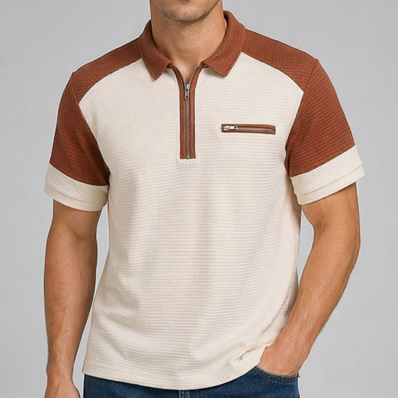 Men's Retro Color Block Zip Neck Summer Polo Shirt - image 1
