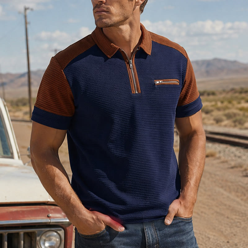 Men's Retro Color Block Zip Neck Summer Polo Shirt - Navy - 3XL - image 6