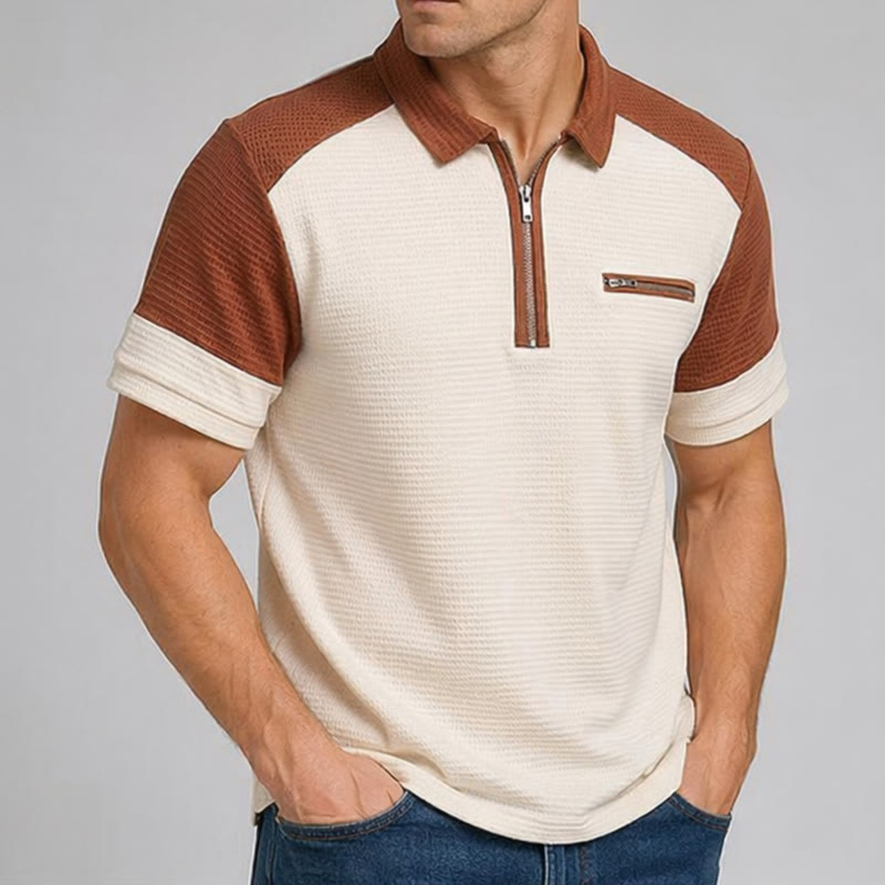 Men's Retro Color Block Zip Neck Summer Polo Shirt - image 3