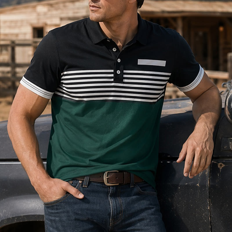 Men's Modern Black Striped Print Summer Polo Shirt - Black - 5XL - image 7