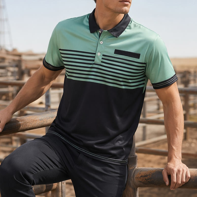 Men's Modern Black Striped Print Summer Polo Shirt - Green - 5XL - image 0