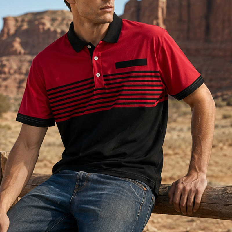 Men's Modern Black Striped Print Summer Polo Shirt - Red - 5XL - image 6