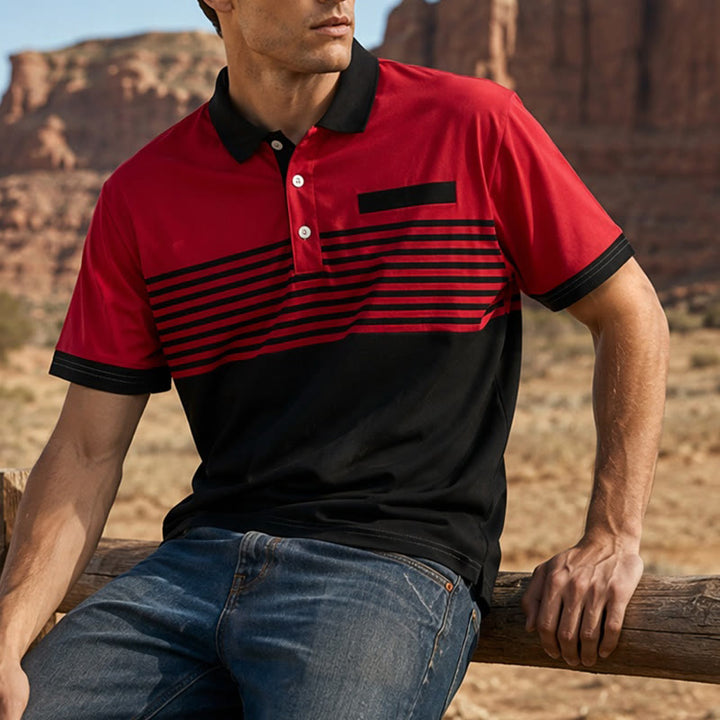 Men's Modern Black Striped Print Summer Polo Shirt - Red - 5XL - image 6
