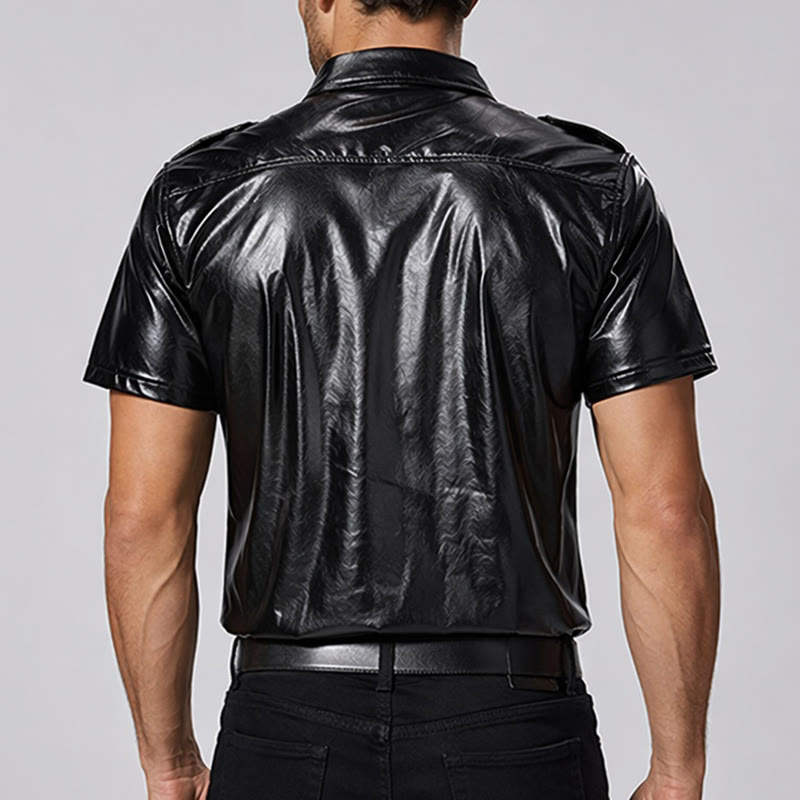 Biker Black Glossy Western Coated Faux Leather Shirt - image 2