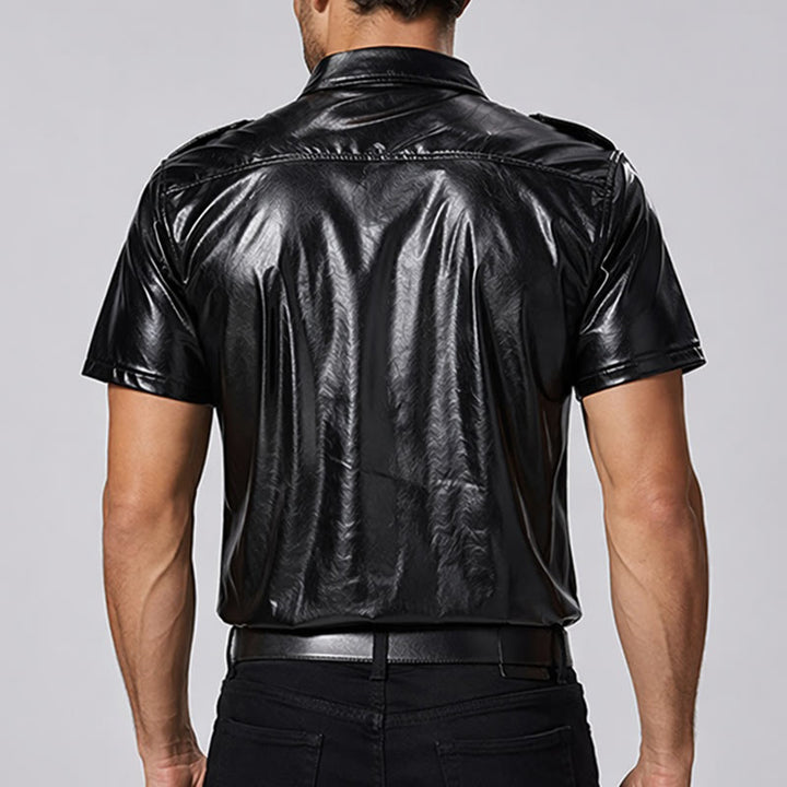 Biker Black Glossy Western Coated Faux Leather Shirt - image 2