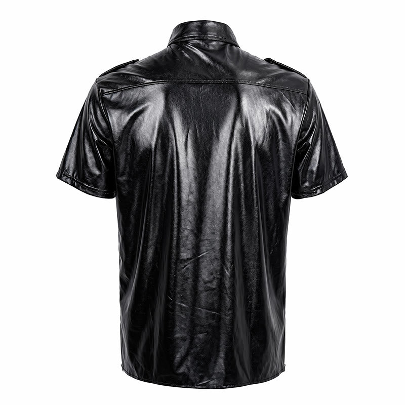 Biker Black Glossy Western Coated Faux Leather Shirt - image 10