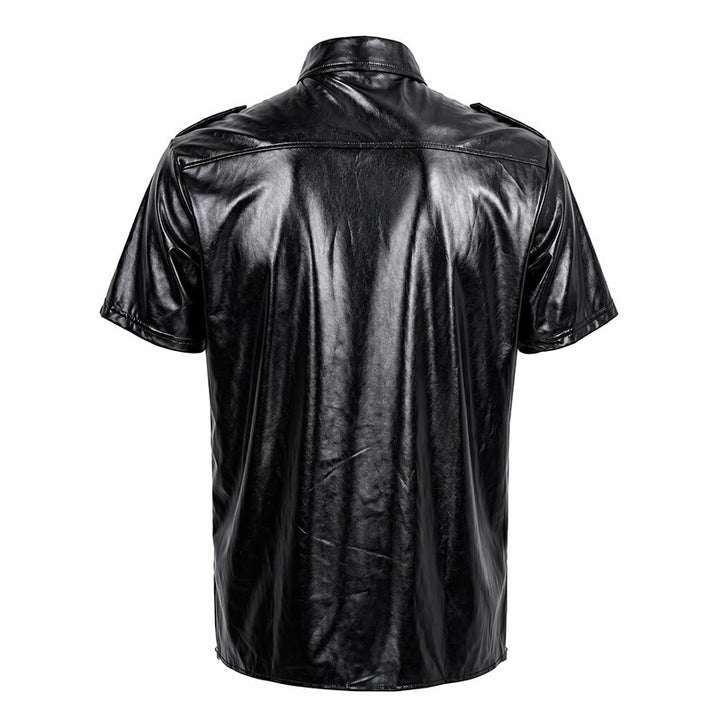 Biker Black Glossy Western Coated Faux Leather Shirt - image 10