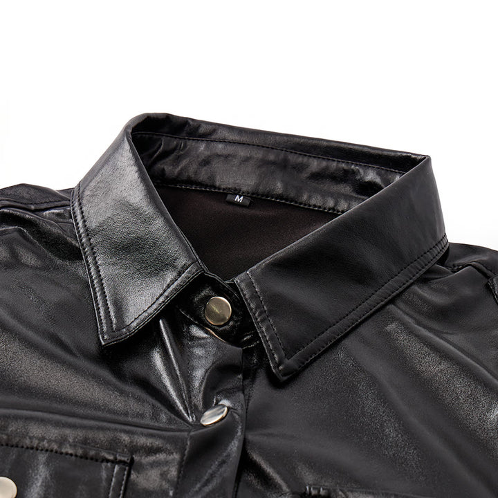 Biker Black Glossy Western Coated Faux Leather Shirt - image 3