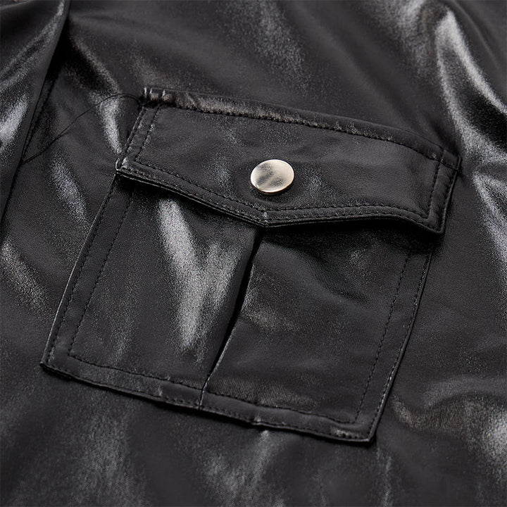 Biker Black Glossy Western Coated Faux Leather Shirt - image 5