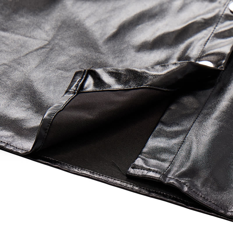 Biker Black Glossy Western Coated Faux Leather Shirt - image 7
