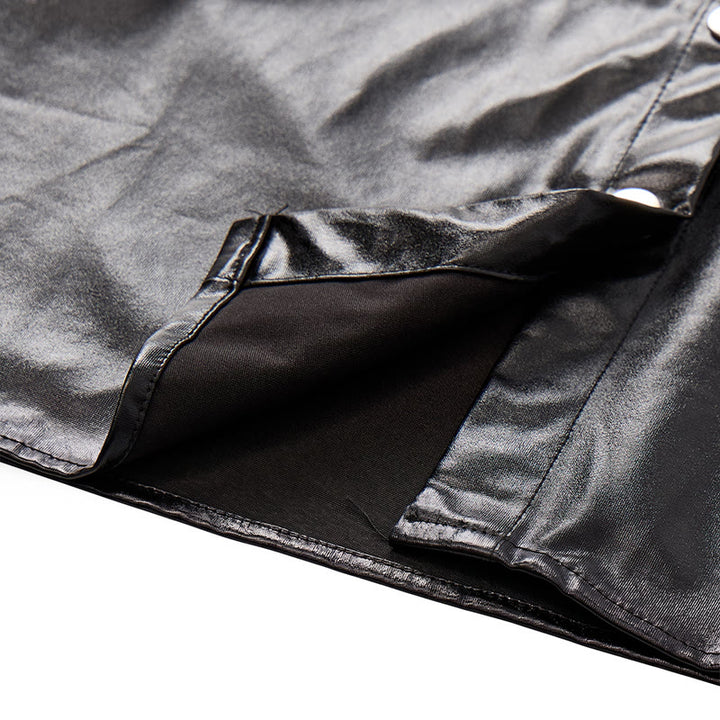 Biker Black Glossy Western Coated Faux Leather Shirt - image 7