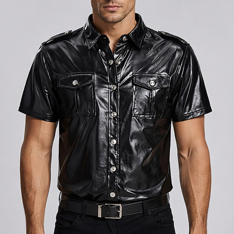 Biker Black Glossy Western Coated Faux Leather Shirt - image 1