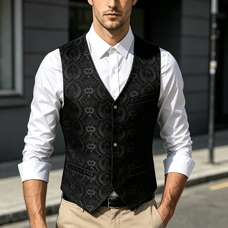Men's Vintage Gothic Paisley Print Four Season Party Suit Vest - Black - 2XL - image 4