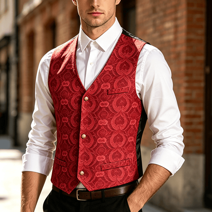 Men's Vintage Gothic Paisley Print Four Season Party Suit Vest - Wine - 2XL - image 5