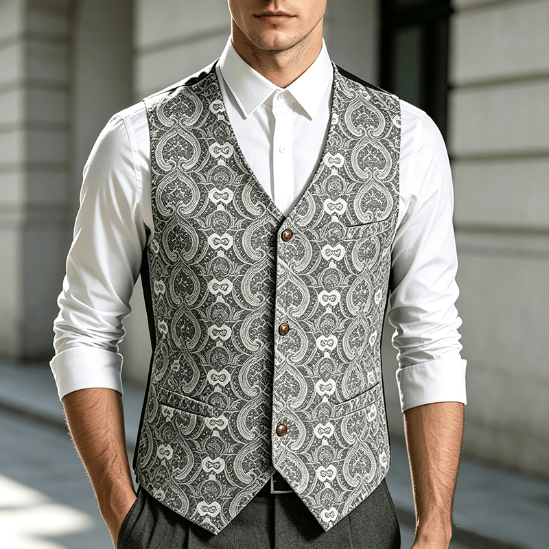 Men's Vintage Gothic Paisley Print Four Season Party Suit Vest - Silver - 2XL - image 0