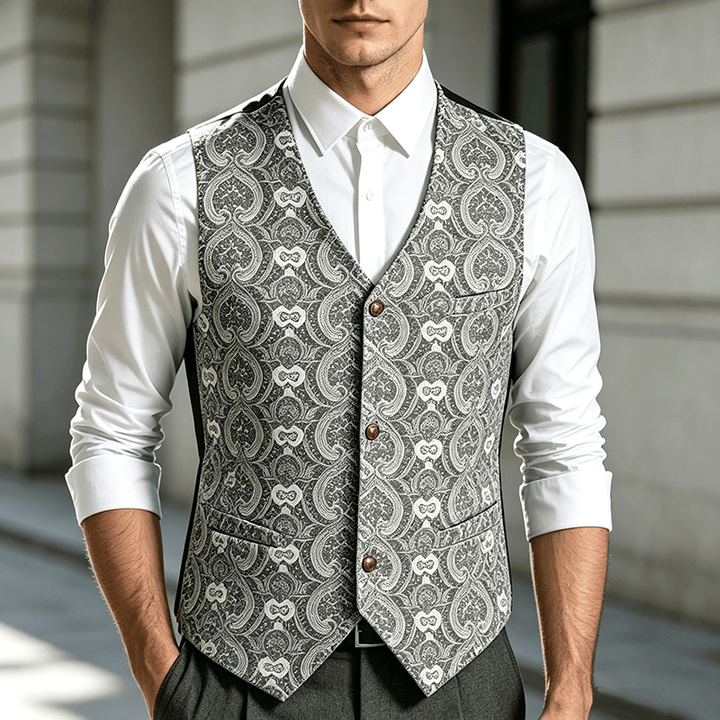 Men's Vintage Gothic Paisley Print Four Season Party Suit Vest - Silver - 2XL - image 0