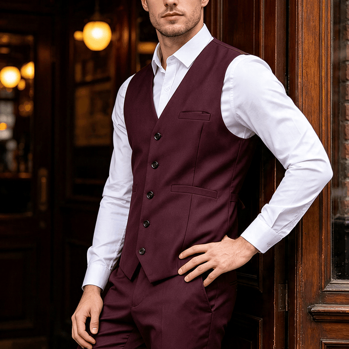 Men's Multi Color Spring Autumn Daily Business Suit Vest - Wine - 3XL - image 10