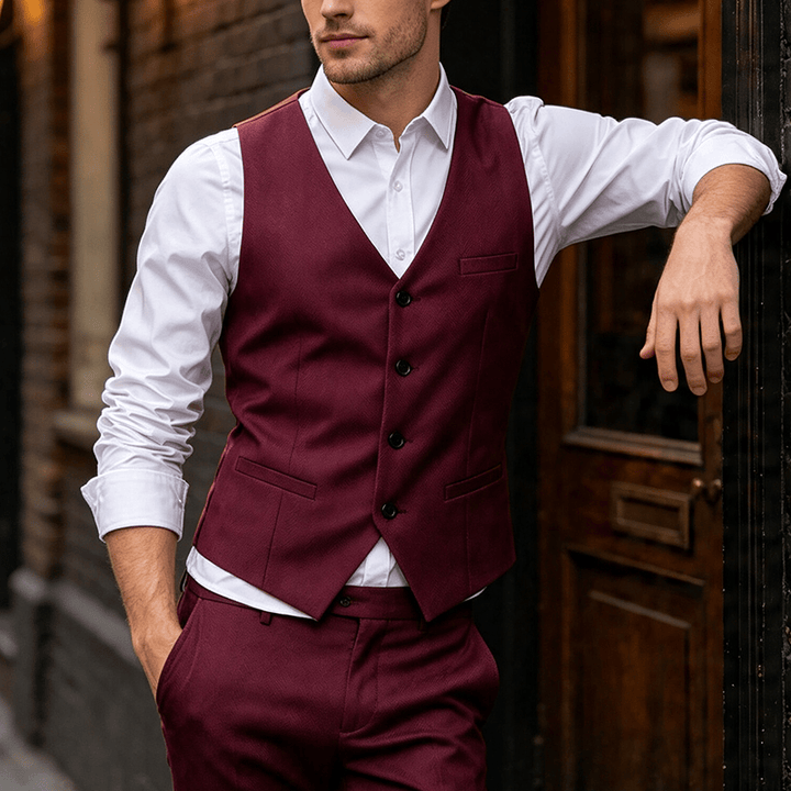 Men's All Season Work Waistcoat Daily Wedding Banquet Suit Vest - Wine - 5XL - image 6