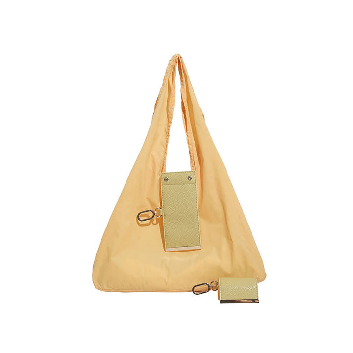 Foldable Nylon Shoulder Tote Bag Keychain With Leather Accent - Yellow - Small - image 21