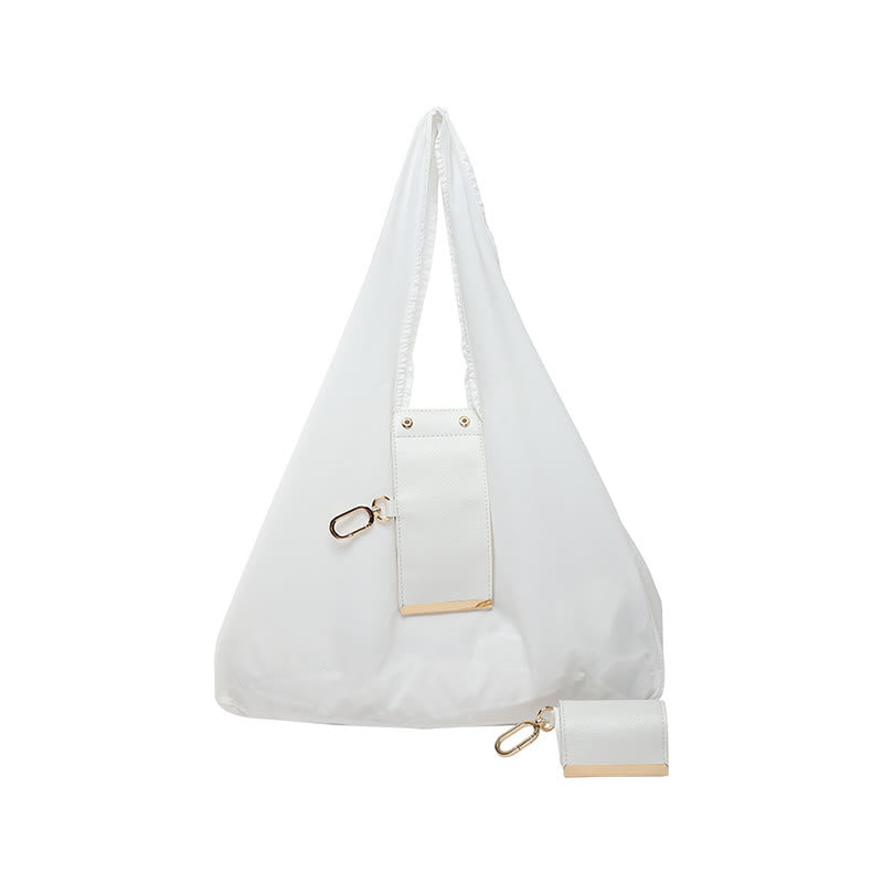Foldable Nylon Shoulder Tote Bag Keychain With Leather Accent - White - Small - image 10