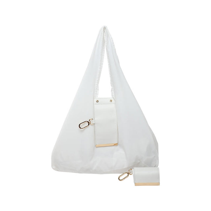 Foldable Nylon Shoulder Tote Bag Keychain With Leather Accent - White - Small - image 10