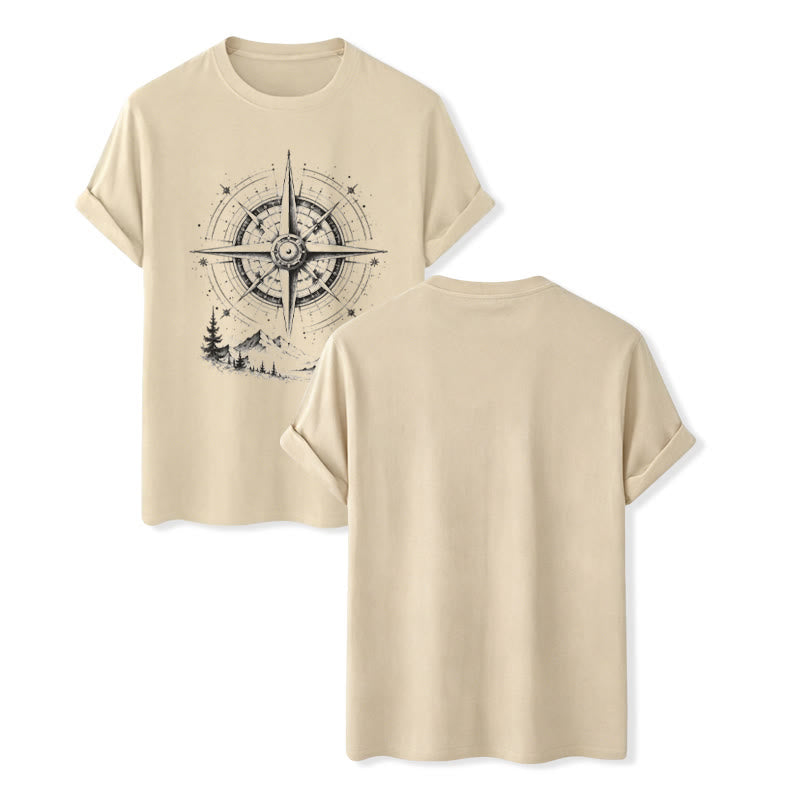 Black Ink Hand Drawn Mountain Compass Graphic Western T-shirt - Beige - 2XL - image 6