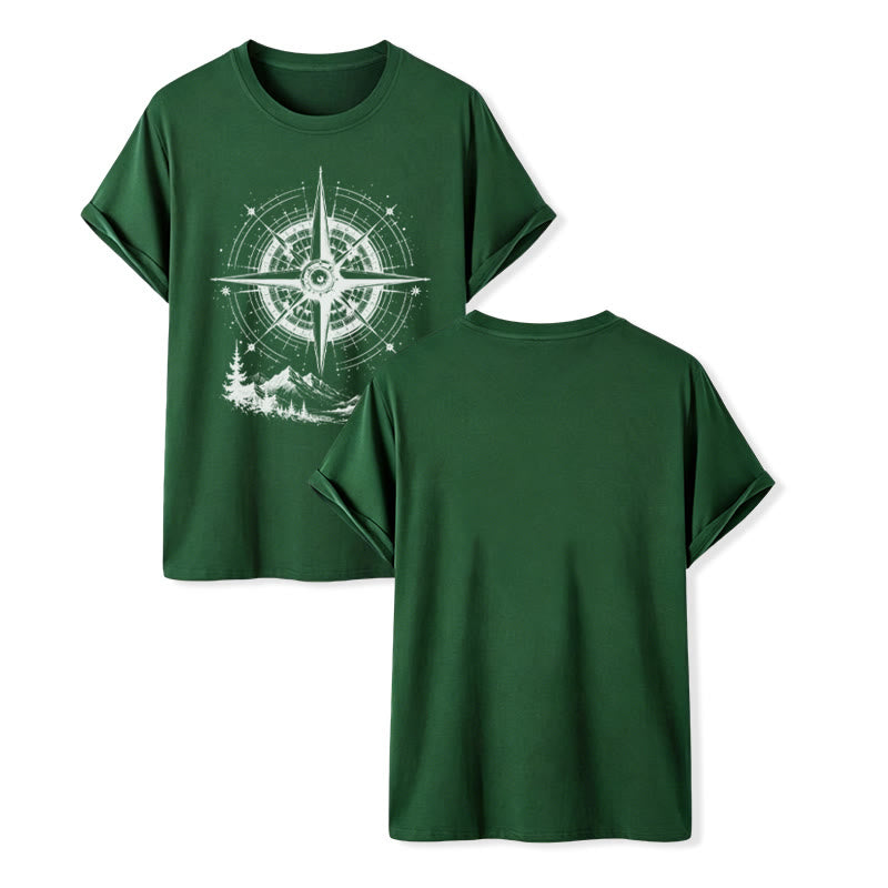 Black Ink Hand Drawn Mountain Compass Graphic Western T-shirt - Dark Green - 2XL - image 13