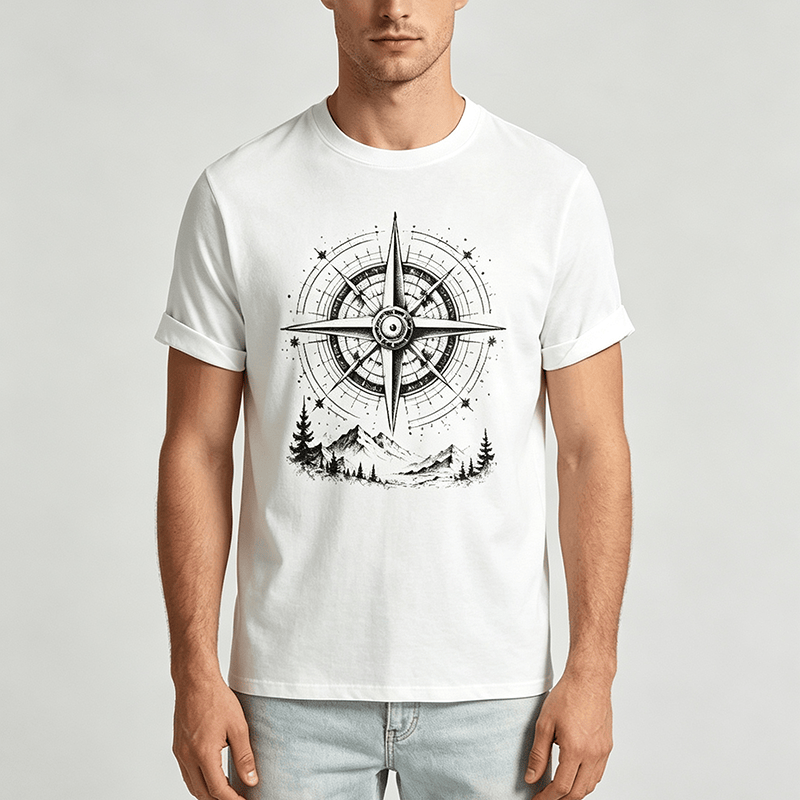 Black Ink Hand Drawn Mountain Compass Graphic Western T-shirt - image 1