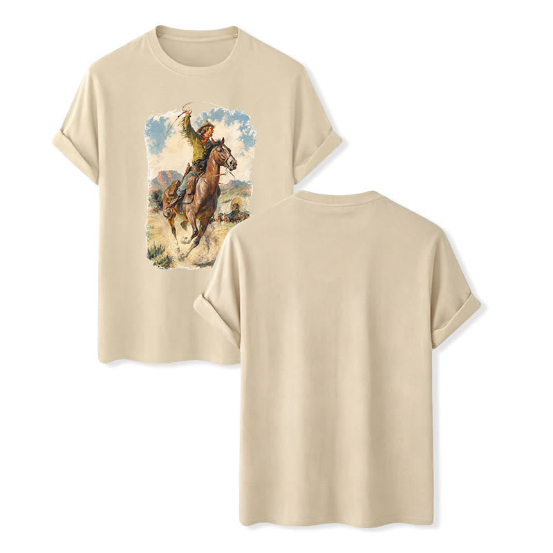 Vintage Oil Painting Cowboy Whip Wild Western Shirt - Beige - 2XL - image 6