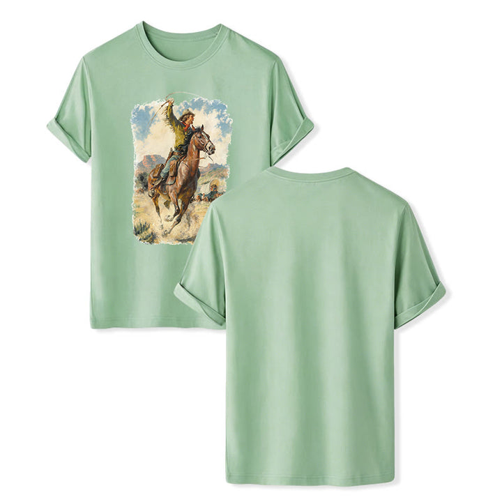 Vintage Oil Painting Cowboy Whip Wild Western Shirt - Green - 2XL - image 10