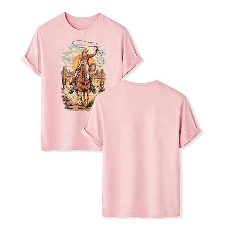 Sunset Desert Cowboy Lasso Graphic Print Shirt - Pink - 2XL - image 7