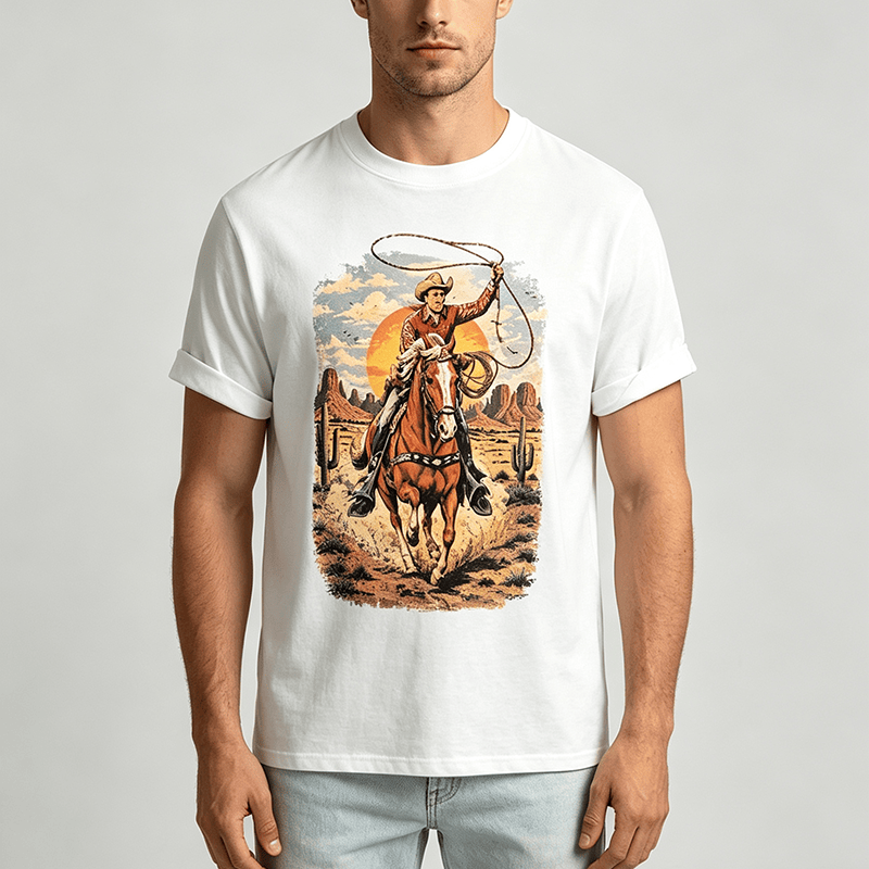 Sunset Desert Cowboy Lasso Graphic Print Shirt - image 1