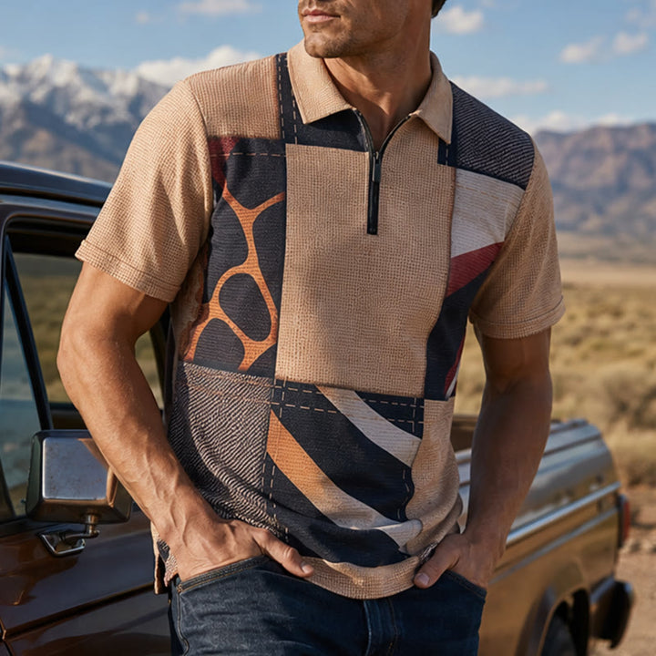 Earth Tone Giraffe Print Zip Collar Polo Shirt - Earth Tone - 6XL - image 0