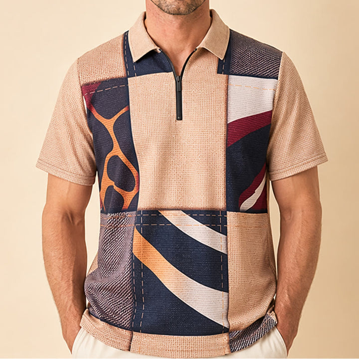 Earth Tone Giraffe Print Zip Collar Polo Shirt - image 1