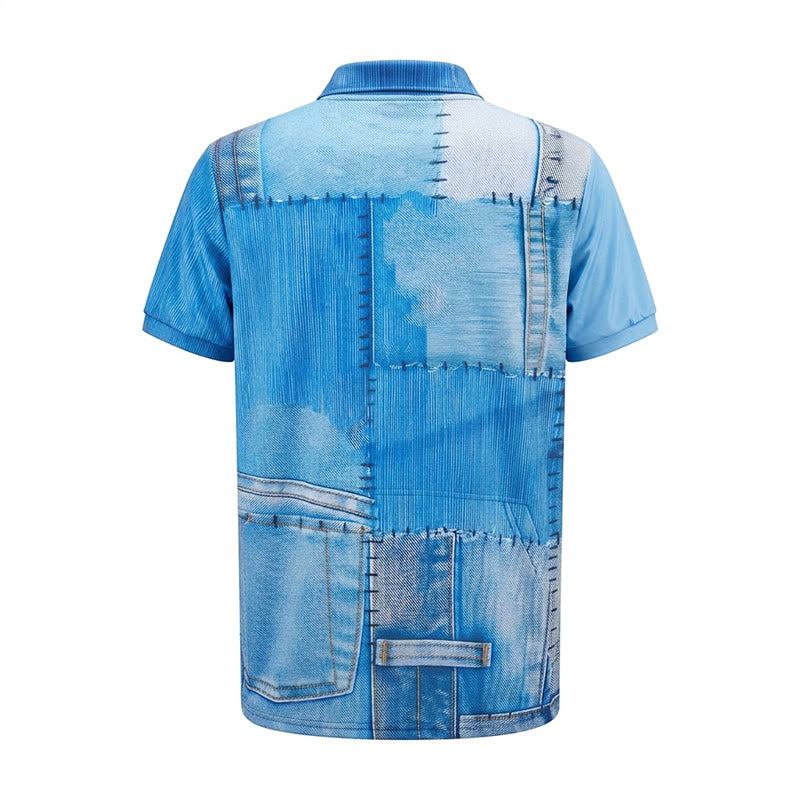 Retro Blue Denim Patchwork 3D Print Zip Collar Polo Shirt - image 9