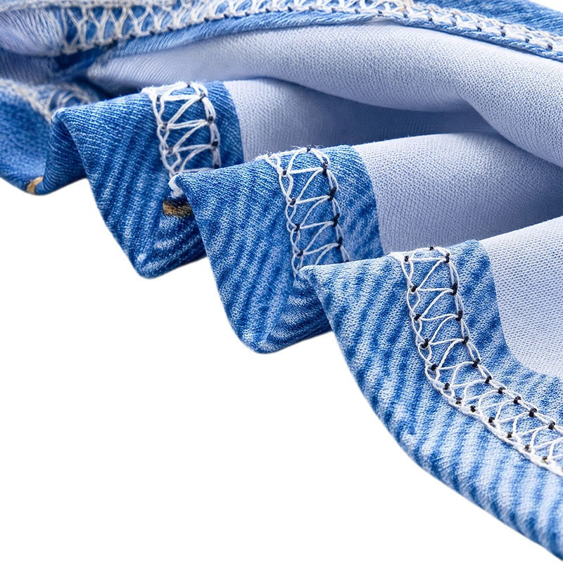 Retro Blue Denim Patchwork 3D Print Zip Collar Polo Shirt - image 6
