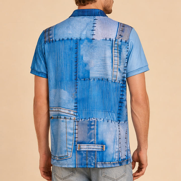 Retro Blue Denim Patchwork 3D Print Zip Collar Polo Shirt - image 2