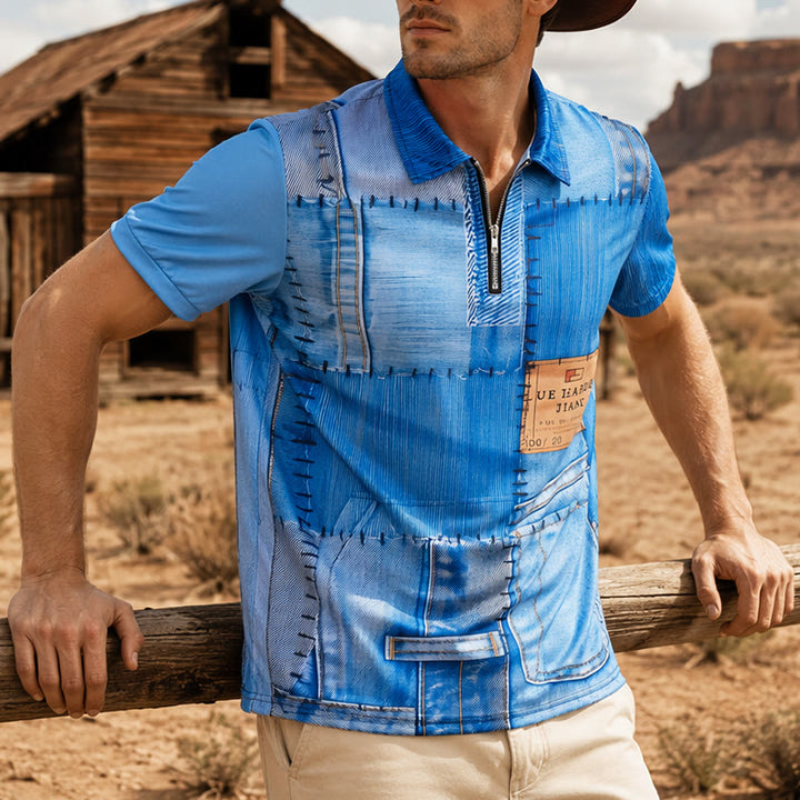 Retro Blue Denim Patchwork 3D Print Zip Collar Polo Shirt - Blue - 6XL - image 0