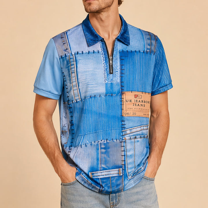 Retro Blue Denim Patchwork 3D Print Zip Collar Polo Shirt - image 3