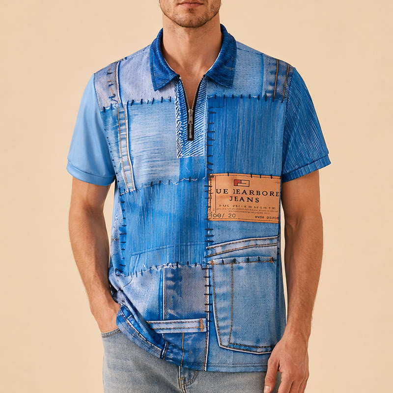 Retro Blue Denim Patchwork 3D Print Zip Collar Polo Shirt - image 1