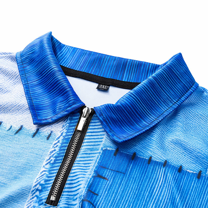 Retro Blue Denim Patchwork 3D Print Zip Collar Polo Shirt - image 4