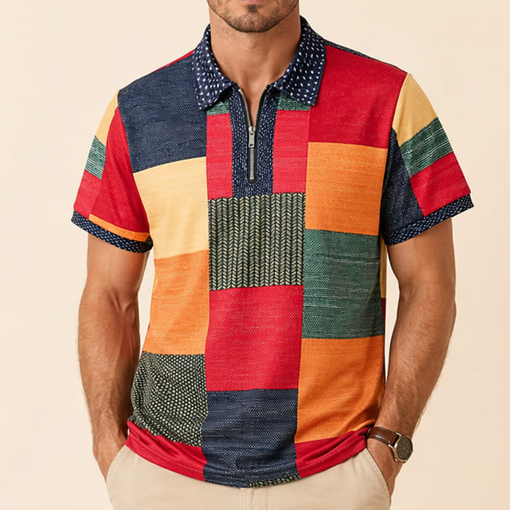 Street Style Color Clash 3D Print Zip Collar Polo Shirt - image 1