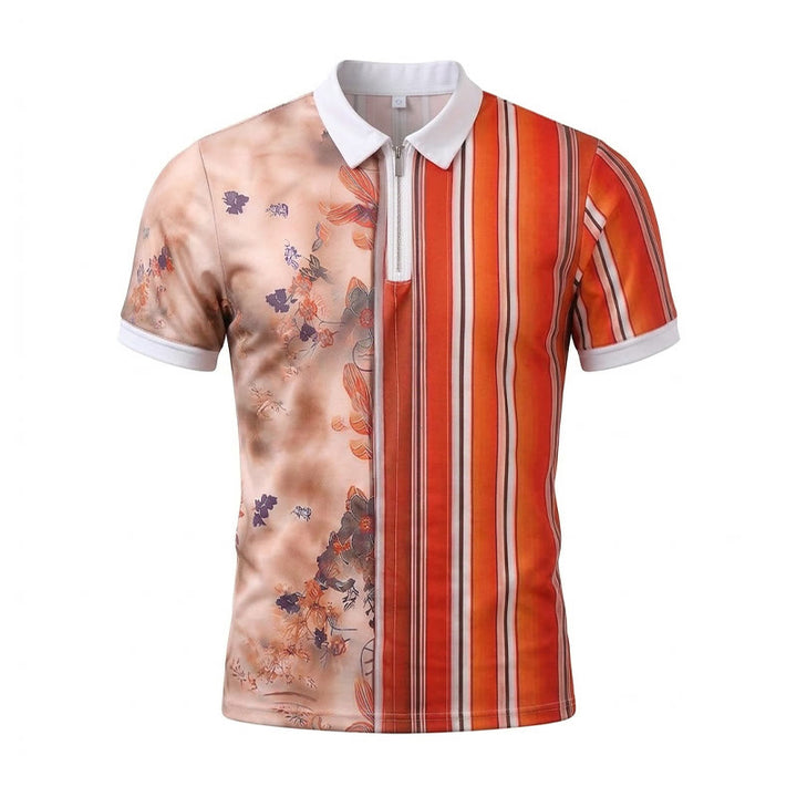 Floral Striped Split-Design 3D Print Zip Collar Polo Shirt - image 9
