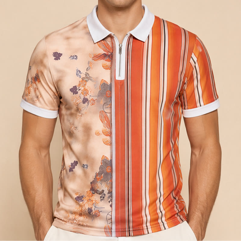 Floral Striped Split-Design 3D Print Zip Collar Polo Shirt - image 1