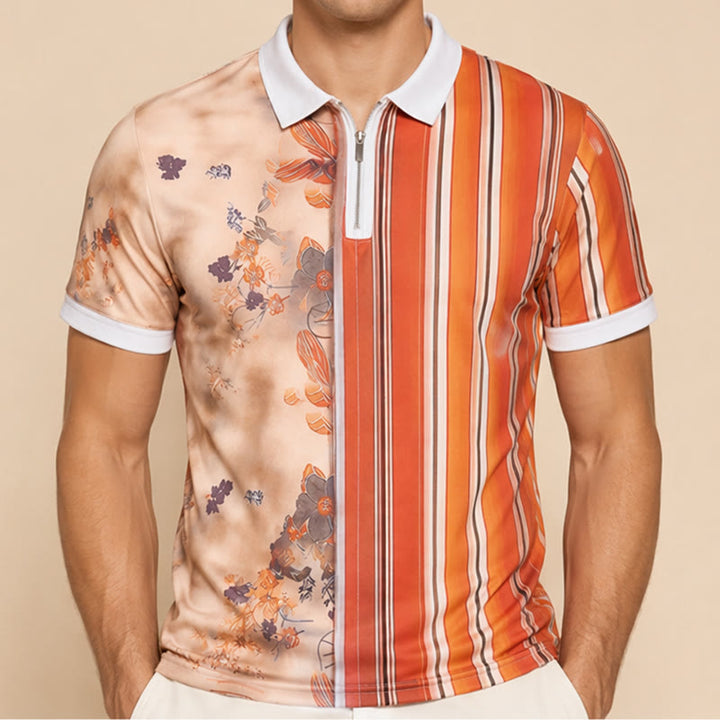 Floral Striped Split-Design 3D Print Zip Collar Polo Shirt - image 1